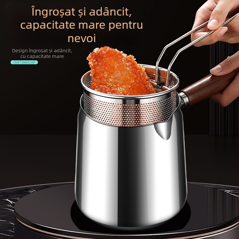 Tigaie izolată din lemn de nuc și oțel inoxidabil 304, cu coș de prăjit și capac din oțel 304, pentru exterior, cu fund complex, pentru prăjit și filtrare, stil modern minimalist