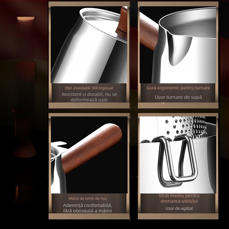 Tigaie izolată din lemn de nuc și oțel inoxidabil 304, cu coș de prăjit și capac din oțel 304, pentru exterior, cu fund complex, pentru prăjit și filtrare, stil modern minimalist