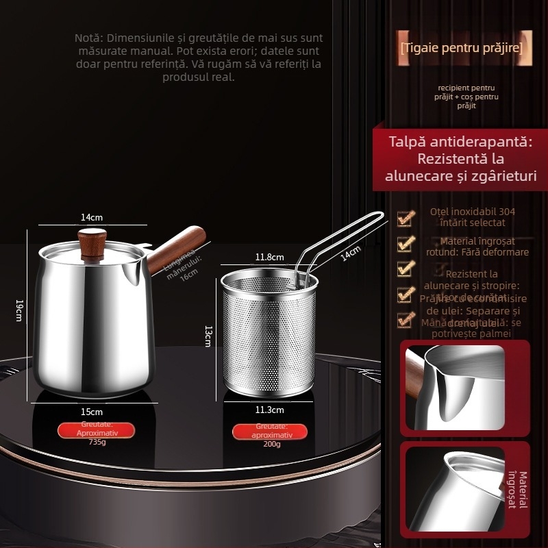 Tigaie izolată din lemn de nuc și oțel inoxidabil 304, cu coș de prăjit și capac din oțel 304, pentru exterior, cu fund complex, pentru prăjit și filtrare, stil modern minimalist