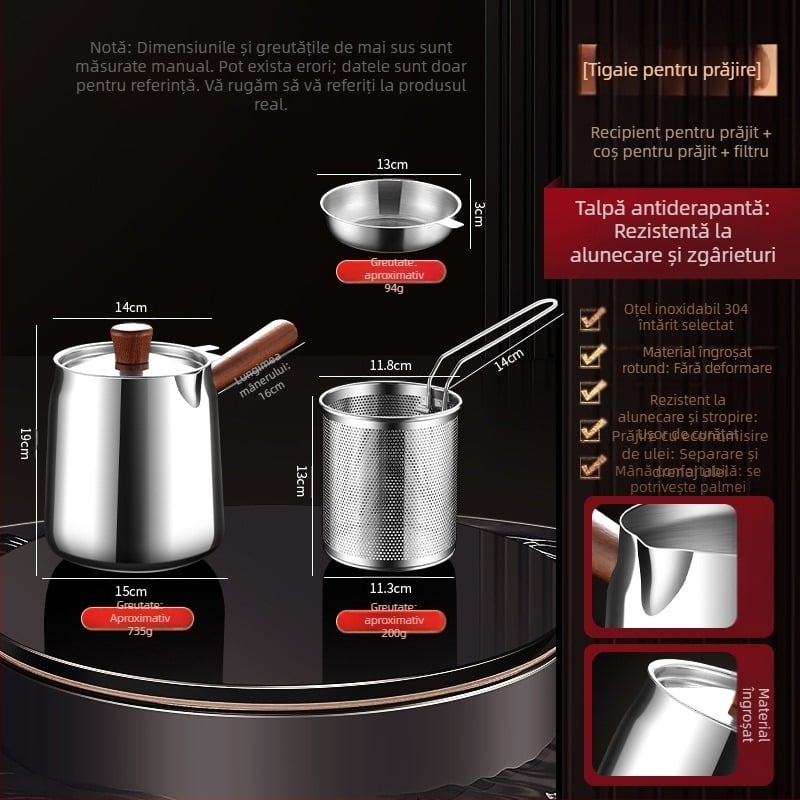 Tigaie izolată din lemn de nuc și oțel inoxidabil 304, cu coș de prăjit și capac din oțel 304, pentru exterior, cu fund complex, pentru prăjit și filtrare, stil modern minimalist