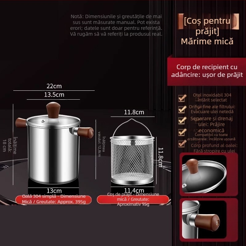 Tigaie izolată din lemn de nuc și oțel inoxidabil 304, cu coș de prăjit și capac din oțel 304, pentru exterior, cu fund complex, pentru prăjit și filtrare, stil modern minimalist