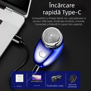 Aparat de ras electric cu cap rotativ unic; baterie încorporată 100–300 mAh; autonomie 30–45 minute; motor cu perii; cap de ras lavabil și demontabil.