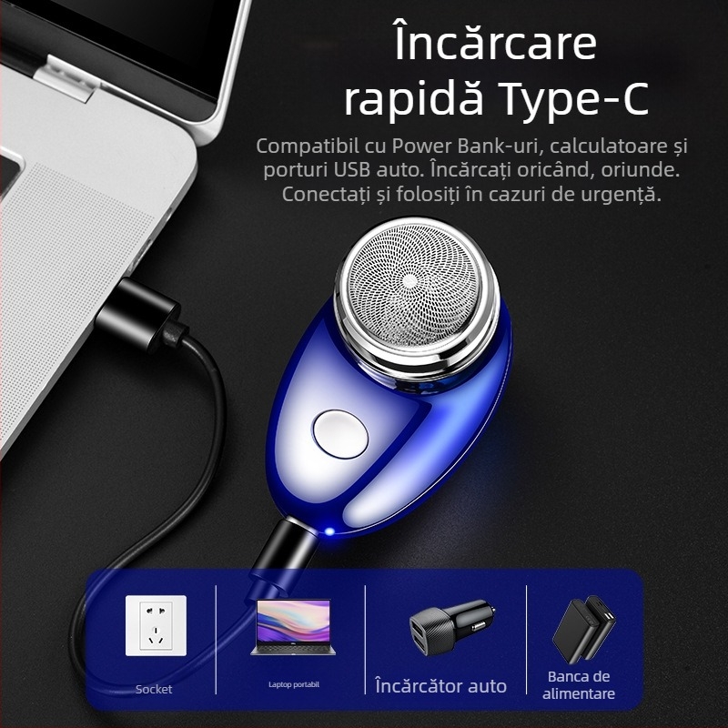 Aparat de ras electric cu cap rotativ unic; baterie încorporată 100–300 mAh; autonomie 30–45 minute; motor cu perii; cap de ras lavabil și demontabil.