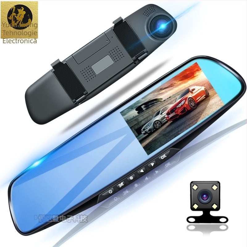 DVR pentru oglinda retrovizoare cu două lentile – înregistrare față și spate, ecran de 4.3 inch, 720p, unghi de 90°, card TF până la 32 GB, alimentare 12V, montaj în oglindă