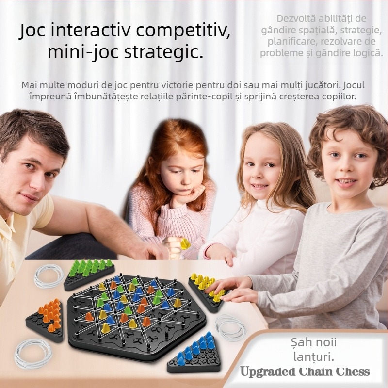 Joc de masă Lanț Puzzle – Joc interactiv pentru mai mulți jucători cu triunghi din benzi elastice; construcție din plastic; stimulează interacțiunea părinte-copil și gândirea logică; potrivit pentru 4–60 ani.