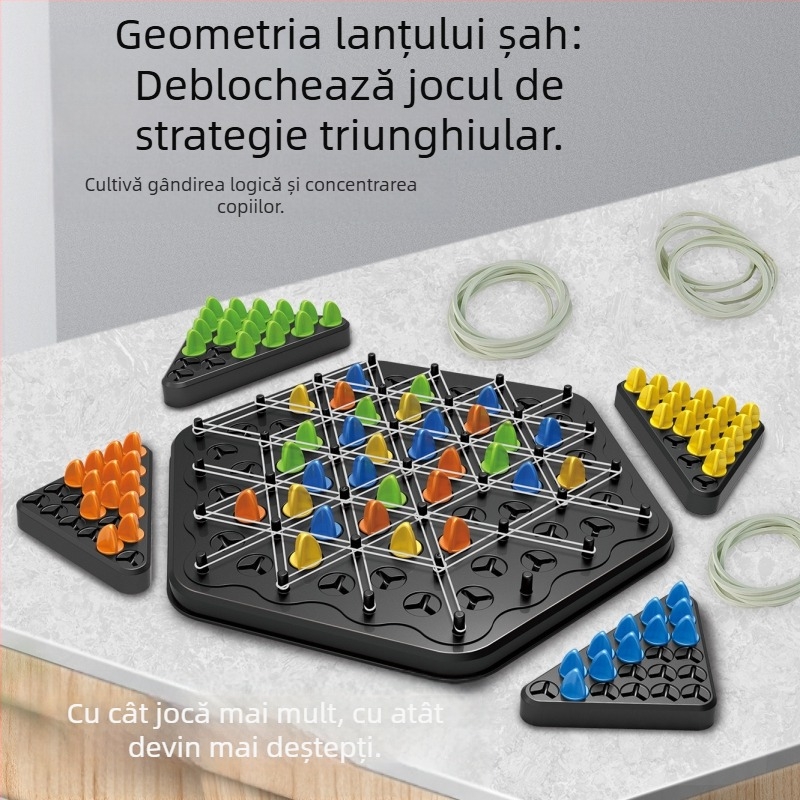 Joc de masă Lanț Puzzle – Joc interactiv pentru mai mulți jucători cu triunghi din benzi elastice; construcție din plastic; stimulează interacțiunea părinte-copil și gândirea logică; potrivit pentru 4–60 ani.