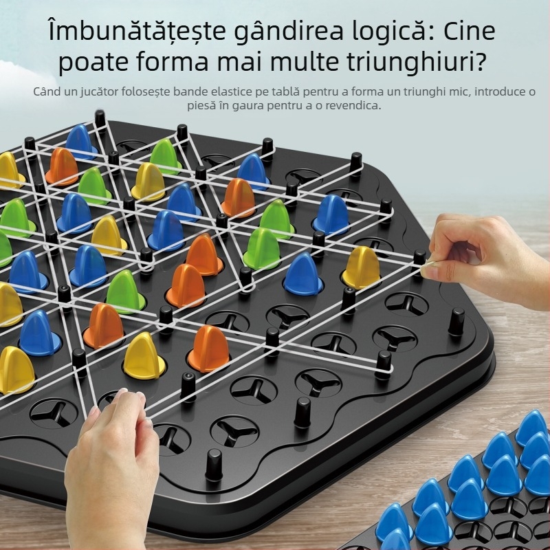 Joc de masă Lanț Puzzle – Joc interactiv pentru mai mulți jucători cu triunghi din benzi elastice; construcție din plastic; stimulează interacțiunea părinte-copil și gândirea logică; potrivit pentru 4–60 ani.