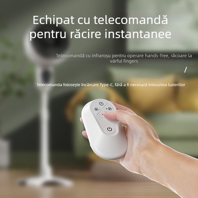 Ventilator podea USB cu telecomandă, oscilant, motor brushless, temporizator 2–8 ore, mare debit de aer