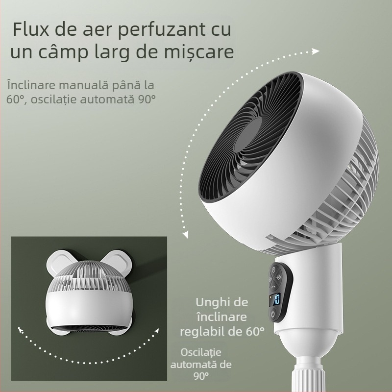 Ventilator podea USB cu telecomandă, oscilant, motor brushless, temporizator 2–8 ore, mare debit de aer