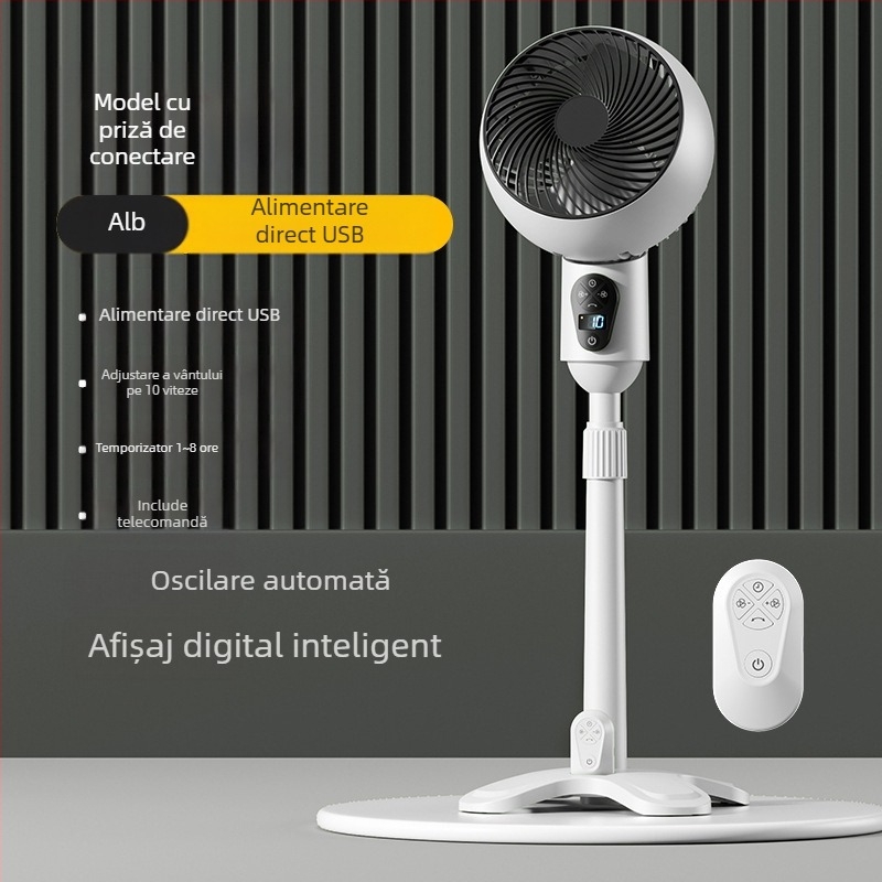 Ventilator podea USB cu telecomandă, oscilant, motor brushless, temporizator 2–8 ore, mare debit de aer