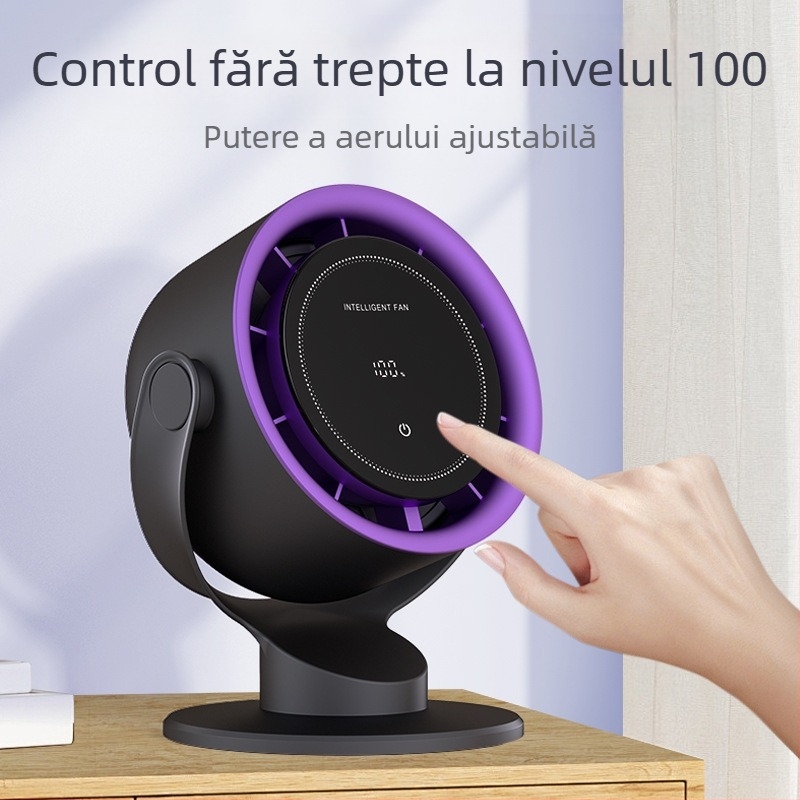 Ventilator USB Type-C fără palete cu control tactil, montaj pe birou sau pe perete, baterie încorporată 2000–4000 mAh, autonomie 3–6 ore, motor brushless, 100 trepte de viteză