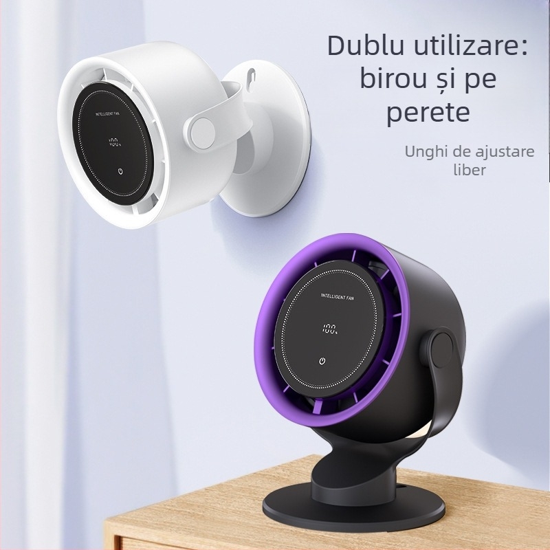 Ventilator USB Type-C fără palete cu control tactil, montaj pe birou sau pe perete, baterie încorporată 2000–4000 mAh, autonomie 3–6 ore, motor brushless, 100 trepte de viteză