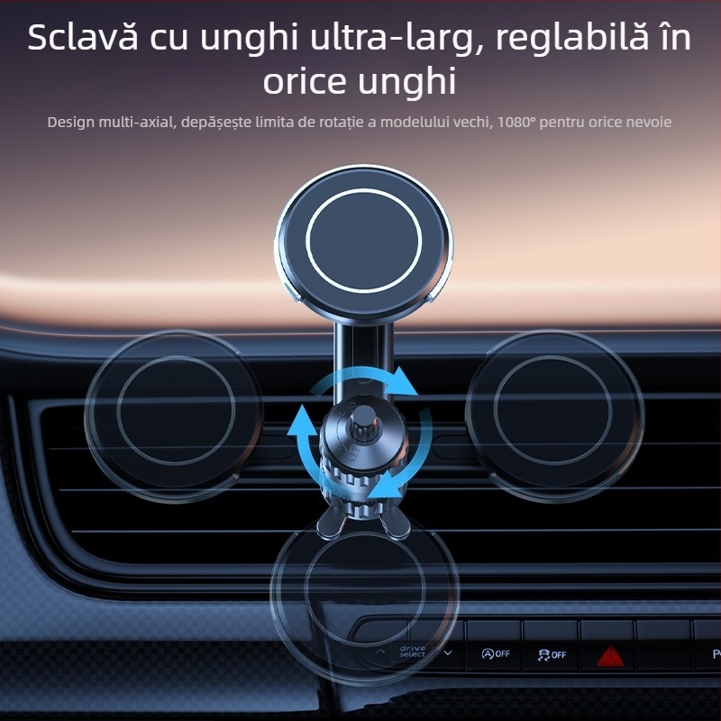 Suport auto pentru telefon cu MagSafe, fixare magnetică, montaj pe aerisire, braț extensibil reglabil și cârlig spiral