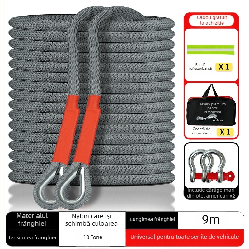 Funie de tractare pentru mașină, off-road – nailon; rezistență peste 1000 lbs; aplicații principale: remorcare și salvare; potrivit pentru vehicule off-road, mașini mici și motociclete