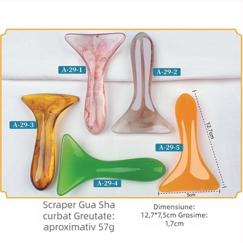 Spatulă curbată pentru masaj scraping – cervicală, umeri și spate; material: rășină; greutate: 57 g; categorie: scraping sheet/plate; aplicații: masaj de sănătate, fitness și frumusețe corporală; personalizare procesare disponibilă