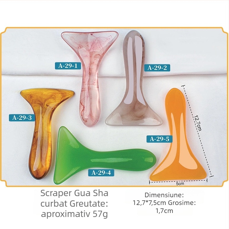 Spatulă curbată pentru masaj scraping – cervicală, umeri și spate; material: rășină; greutate: 57 g; categorie: scraping sheet/plate; aplicații: masaj de sănătate, fitness și frumusețe corporală; personalizare procesare disponibilă
