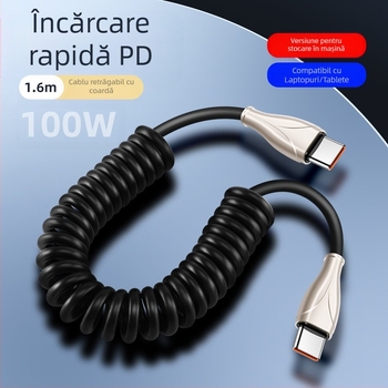 Cablu Type-C auto retractabil cu design spiral, pentru mașini și motociclete, încărcare rapidă 100W, 6A, TPE