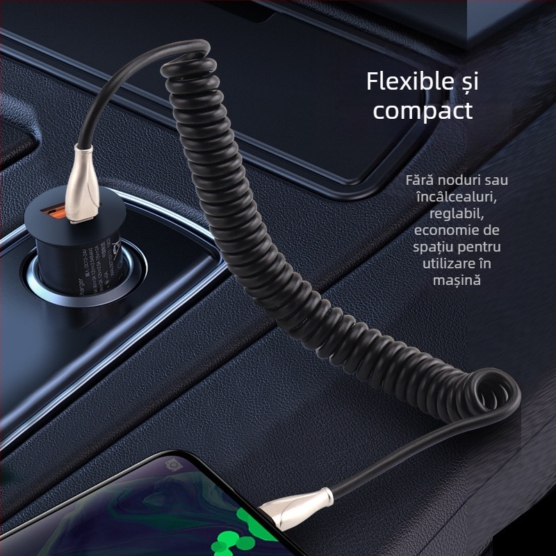Cablu Type-C auto retractabil cu design spiral, pentru mașini și motociclete, încărcare rapidă 100W, 6A, TPE