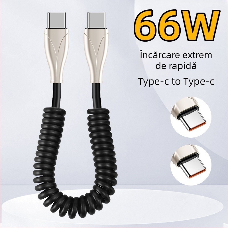 Cablu Type-C auto retractabil cu design spiral, pentru mașini și motociclete, încărcare rapidă 100W, 6A, TPE