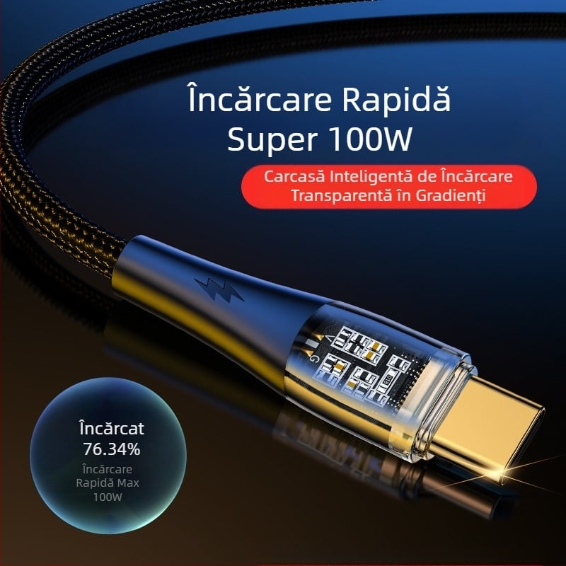 Cablu Type-C împletit, încărcare rapidă 100W, conector unic, pentru telefoane Huawei/Honor Android