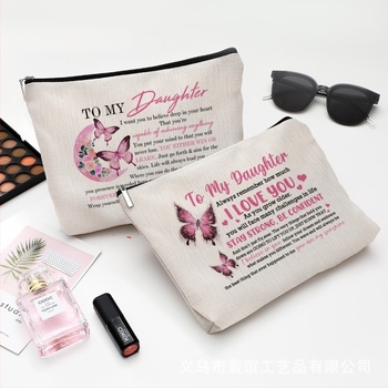 Gentuță de cosmetică cu imprimeu fluture, material impermeabil din bumbac și in, fermoar, logo personalizabil prin transfer termic.