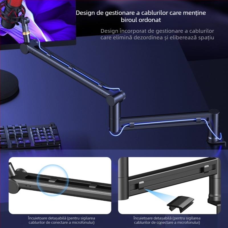 RODD AK-58 suport microfon pentru birou, reglabil, gestionare cabluri, compatibil cu telefonul și calculatorul pentru streaming live și înregistrare