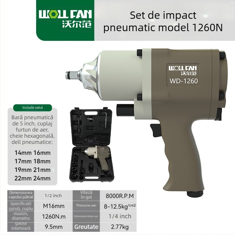 Cheie pneumatică industrială de 1/2 inch cu set de socluri, cu cuplu mare