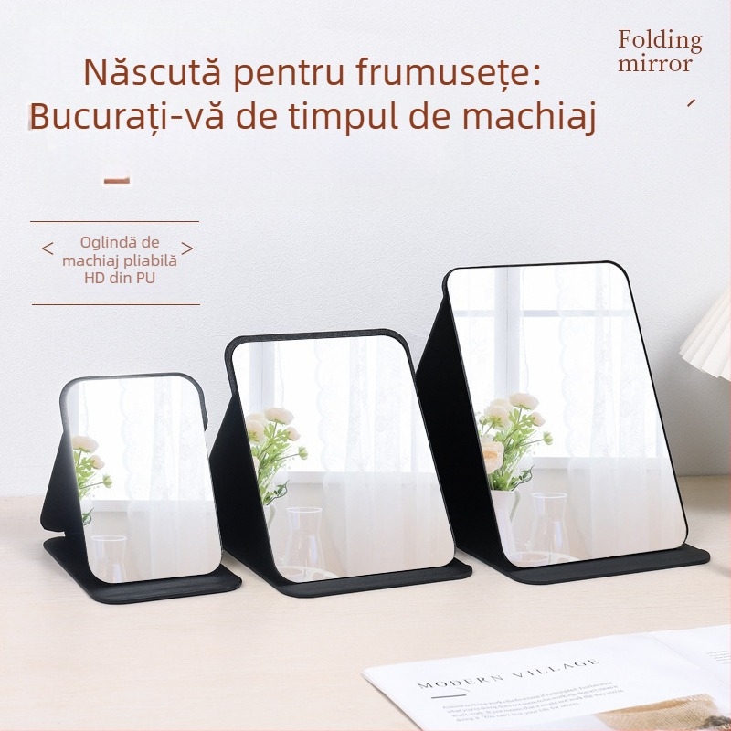 Oglindă de machiaj de birou cu ramă din plastic, pliabilă și portabilă, pentru dormitor sau baie