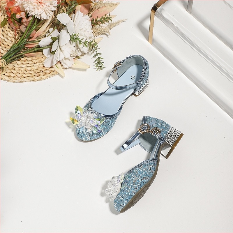 Sandale din plută pentru copii, partea superioară din cristal, model desen animat, decor cu floare de cristal, închidere cu cataramă, talpă antiderapantă