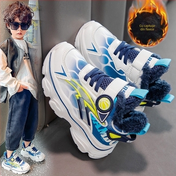 Pantofi sport pentru copii, piele sintetică, căptușeală fleece, închidere Velcro, talpă EVA, unisex pentru iarnă și toamnă