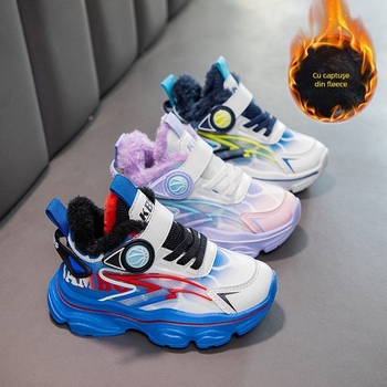 Pantofi sport pentru copii, piele sintetică, căptușeală fleece, închidere Velcro, talpă EVA, unisex pentru iarnă și toamnă