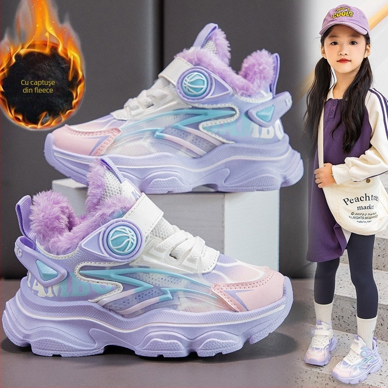 Pantofi sport pentru copii, piele sintetică, căptușeală fleece, închidere Velcro, talpă EVA, unisex pentru iarnă și toamnă