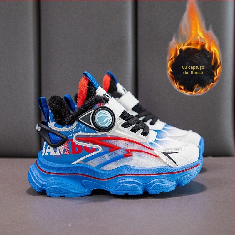 Pantofi sport pentru copii, piele sintetică, căptușeală fleece, închidere Velcro, talpă EVA, unisex pentru iarnă și toamnă