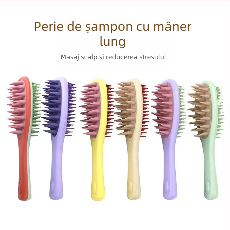 Pieptene pentru șampon cu mâner lung, dinți cu două fețe pentru masajul scalpului