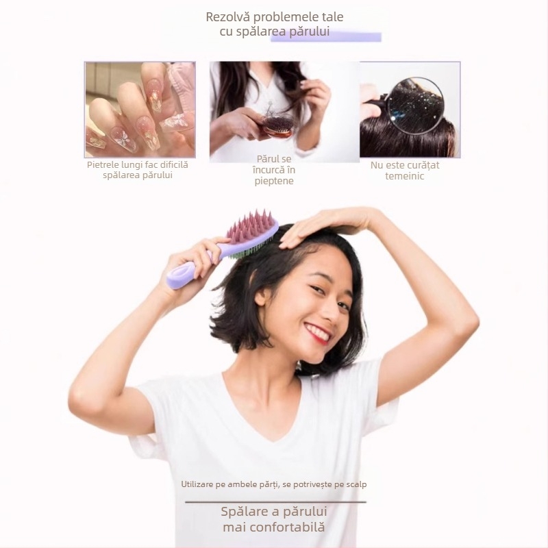 Pieptene pentru șampon cu mâner lung, dinți cu două fețe pentru masajul scalpului