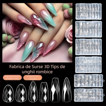 Vârfuri transparente pentru unghii cu accente 3D de diamante, forme migdale și balerină, model în carouri