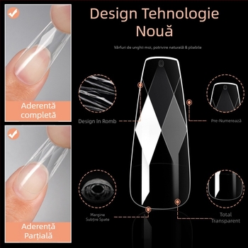 Vârfuri transparente pentru unghii cu accente 3D de diamante, forme migdale și balerină, model în carouri