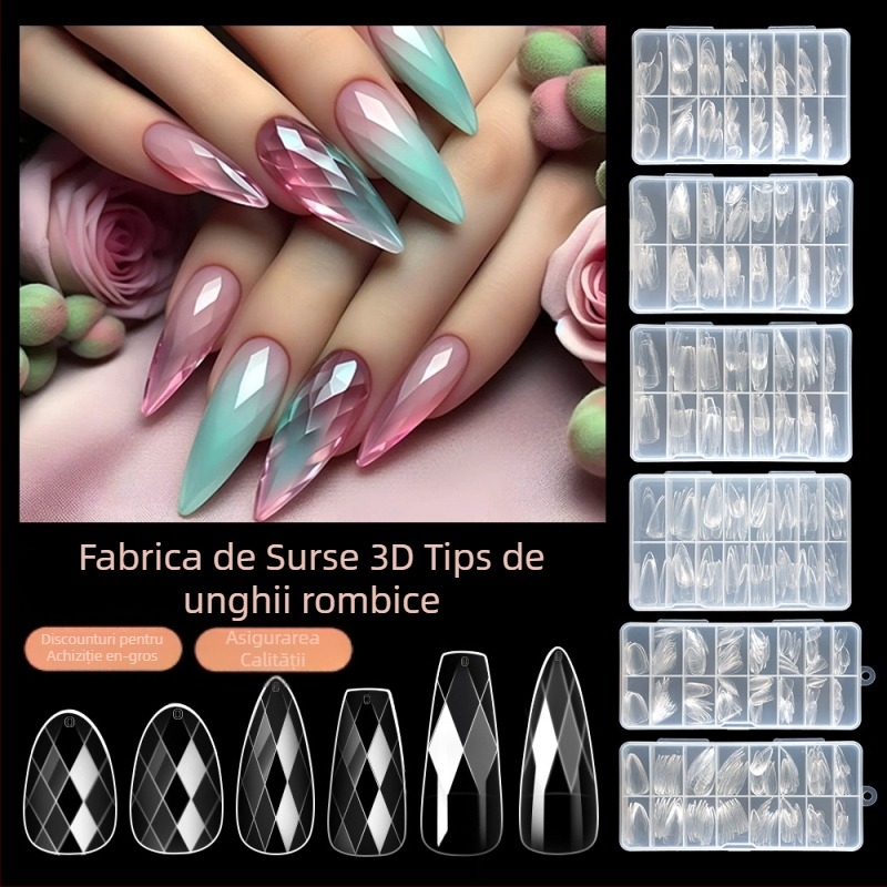 Vârfuri transparente pentru unghii cu accente 3D de diamante, forme migdale și balerină, model în carouri