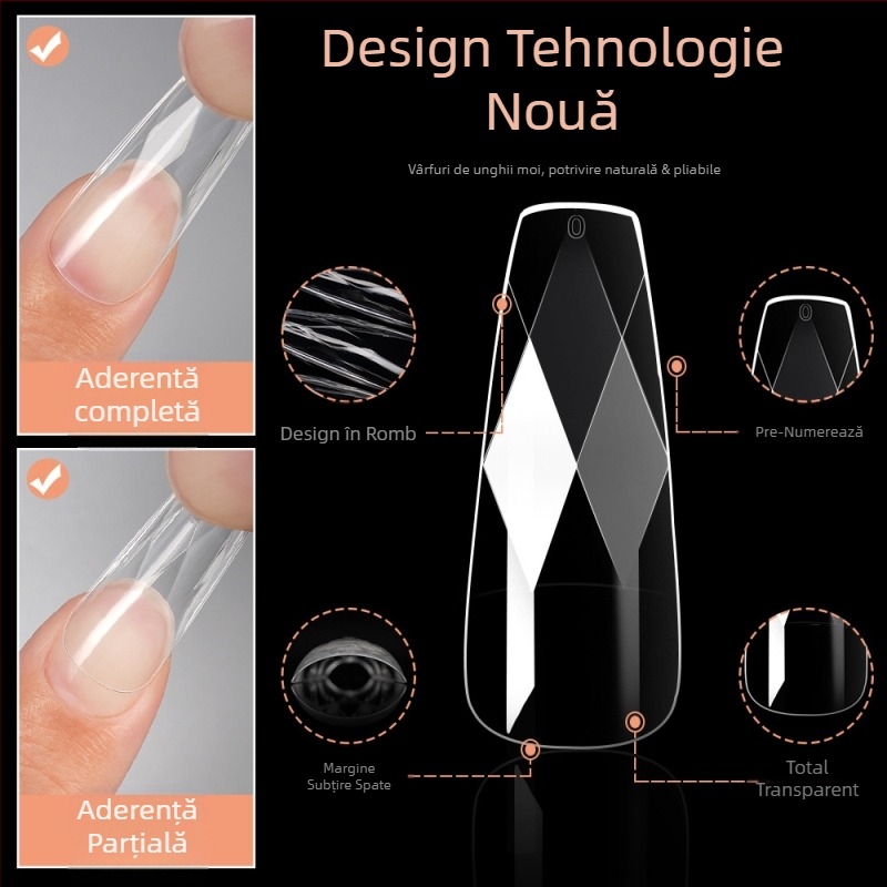 Vârfuri transparente pentru unghii cu accente 3D de diamante, forme migdale și balerină, model în carouri