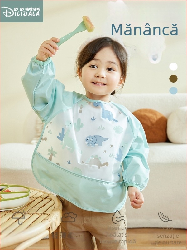 Bavetă impermeabilă pentru masă pentru bebeluți cu mâneci lungi, desen animat model, poliester TPU, primăvara 2025.