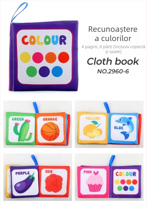 Carte de bebeluți din material textil pentru educație timpurie, cu contrast înalt pentru dezvoltare cognitivă, în interior hârtie care produce zgomot