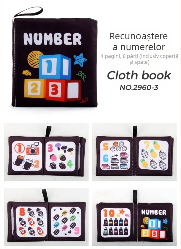 Carte de bebeluți din material textil pentru educație timpurie, cu contrast înalt pentru dezvoltare cognitivă, în interior hârtie care produce zgomot