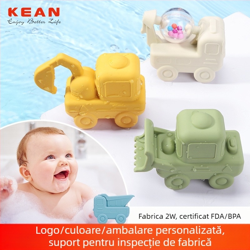 Jucărie de baie din silicon – vehicul de inginerie cu stropire apă, mașinuță plutitoare, activitate interactivă pentru copii 0–2 ani