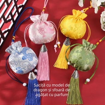 Sachet brodat cu motiv de dragon și ciucuri - brocat, stil zen chinezesc, tradițional