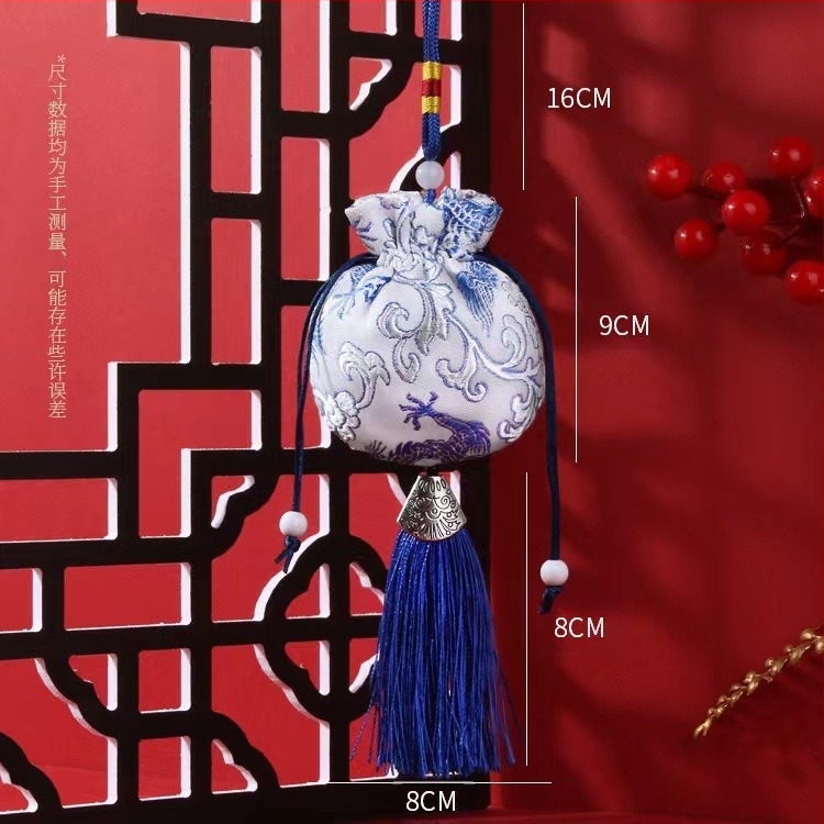 Sachet brodat cu motiv de dragon și ciucuri - brocat, stil zen chinezesc, tradițional