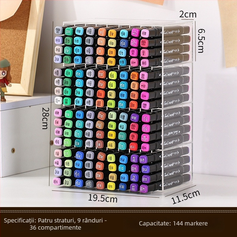 Raft de depozitare pentru markere pentru birou, transparent, capacitate mare, compartimente multiple