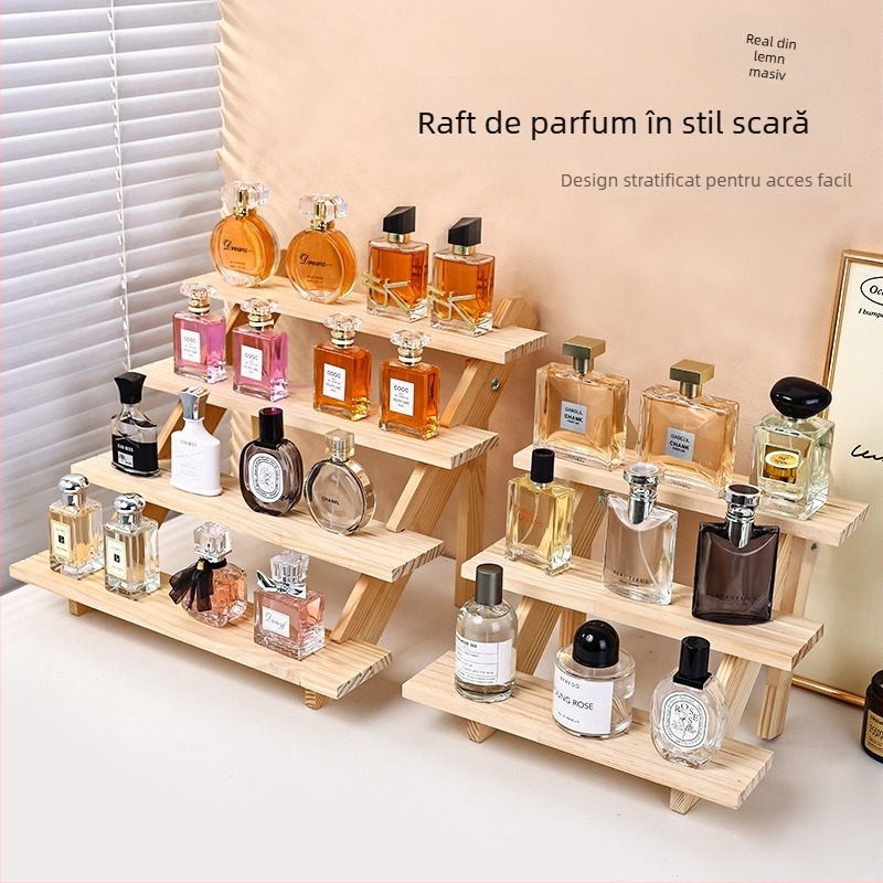 Raft de afișaj pentru parfumuri, lemn masiv, organizator de birou în trepte, stil modern minimalist, asamblare necesară, model 1