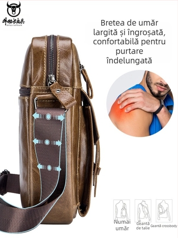 Geantă de umăr pentru bărbați Cow Captain Leather – Piele superioară de vită, căptușeală poliester, compartimente interioare, anti-furt, capacitate mare, primăvara 2023
