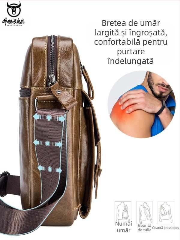 Geantă de umăr pentru bărbați Cow Captain Leather – Piele superioară de vită, căptușeală poliester, compartimente interioare, anti-furt, capacitate mare, primăvara 2023