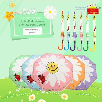 Umbrelă pentru copii cu material EVA, motiv margaretă desen animat, mâner lung (8 arce metalice; mâner din plastic; deschidere/închidere manuală)